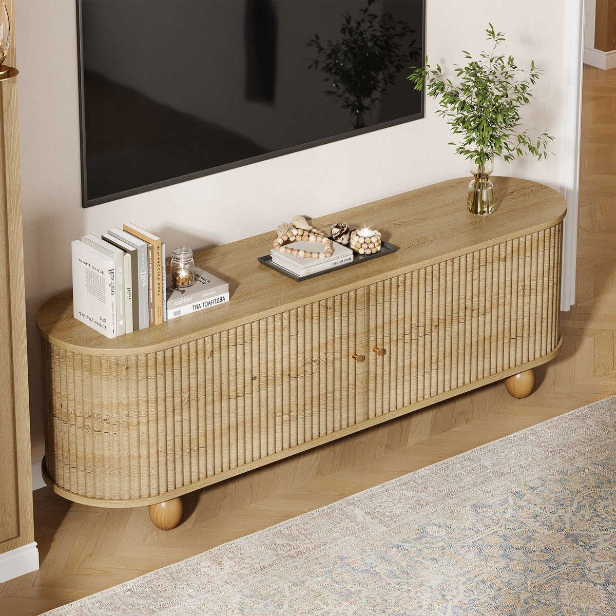 70.8-Inch Farmhouse Fluted TV Stand with Sliding Doors and Storage Shelves, Extra Long Media Console for 65 70 and 75 Inch TVs