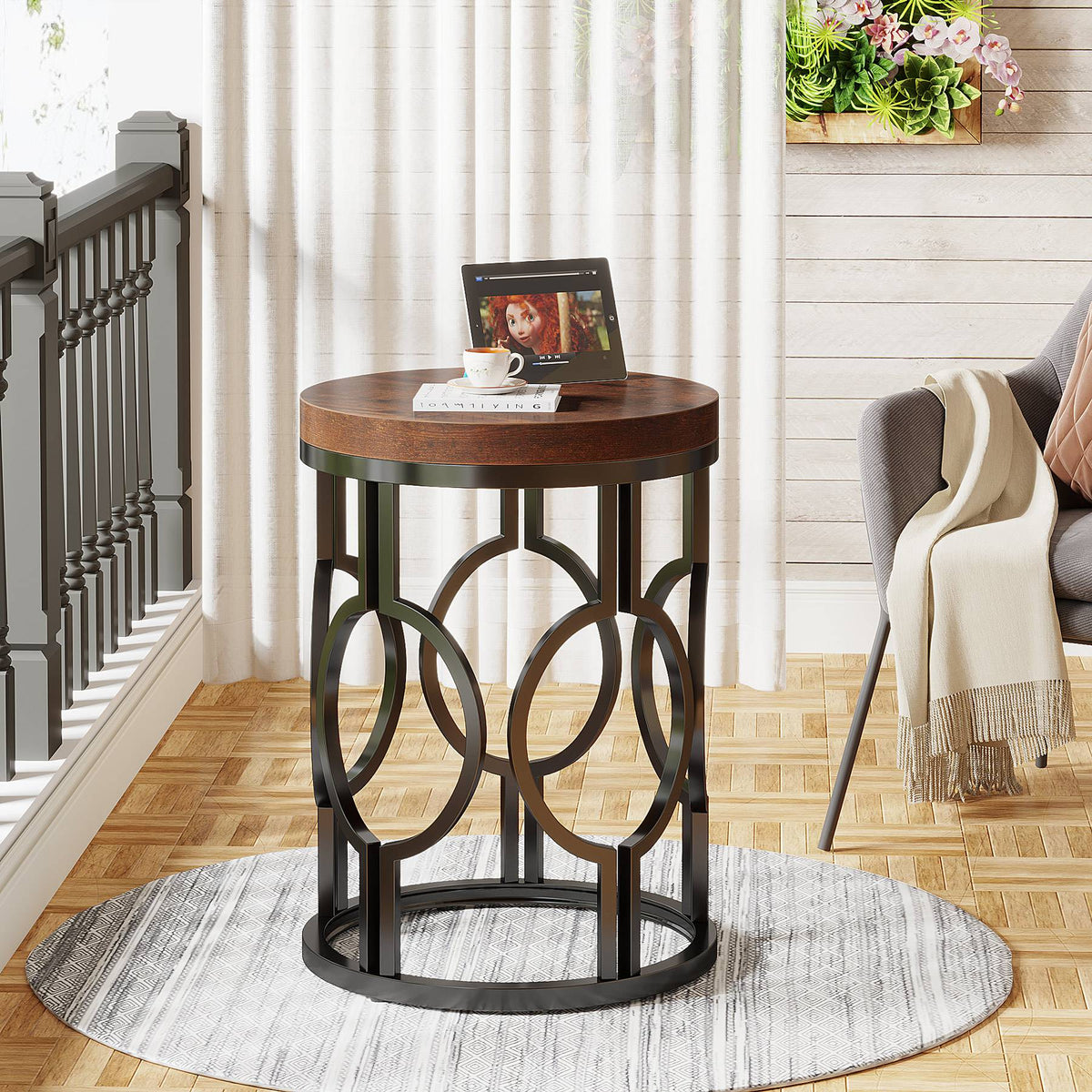 Round End Table, Industrial Side Table with Metal Hollow Frame #Colour_Rustic Brown