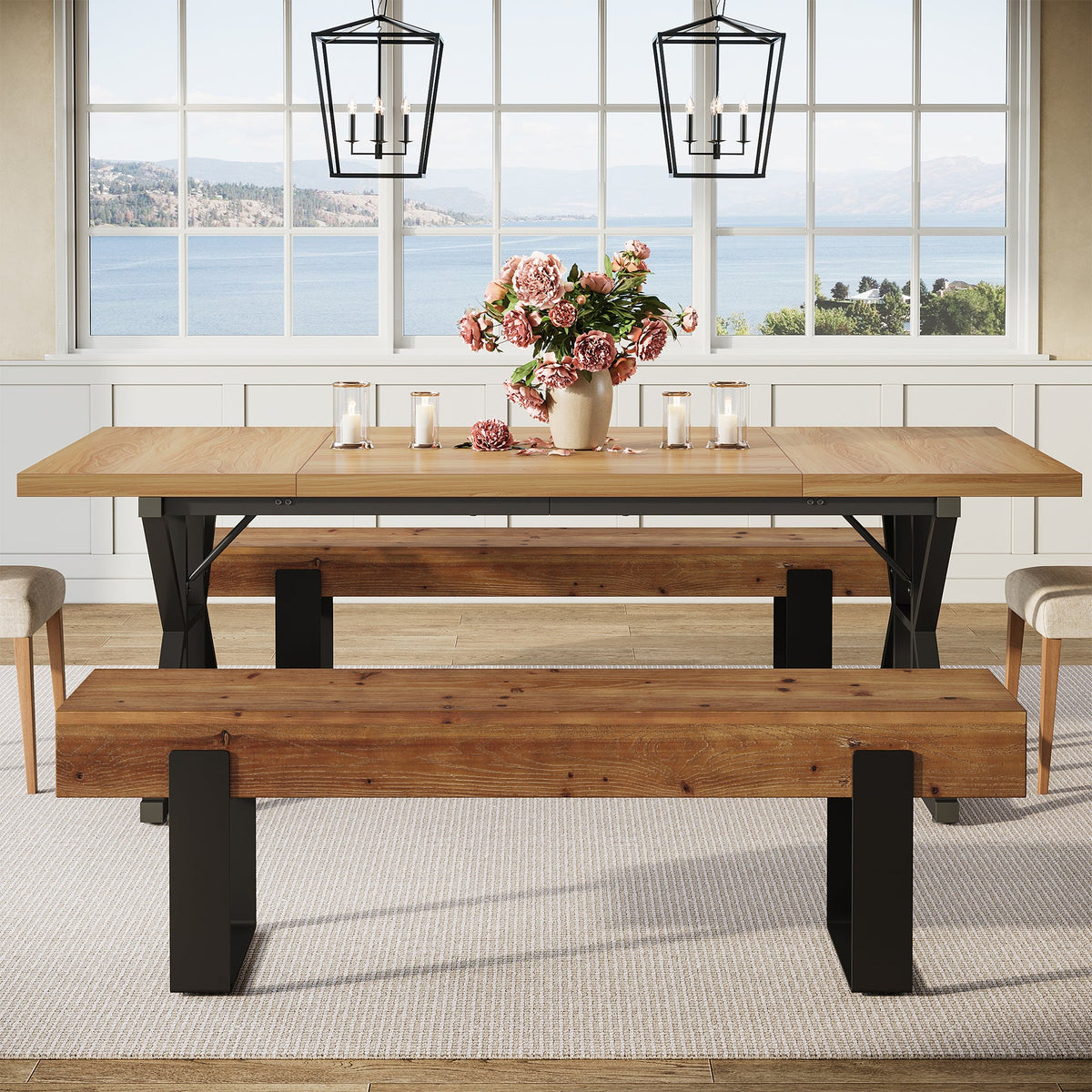 63-Inch Solid Wood Dining Bench, Farmhouse Kitchen Seat with Metal Legs for Dining Room