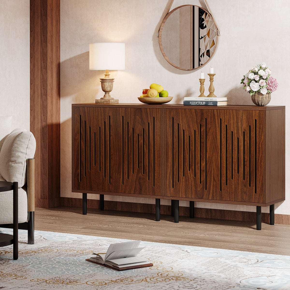59-Inch Vintage Sideboard Buffet Set of 2 with Adjustable Shelves, Farmhouse Storage Cabinet for Kitchen Living Room and Hallway