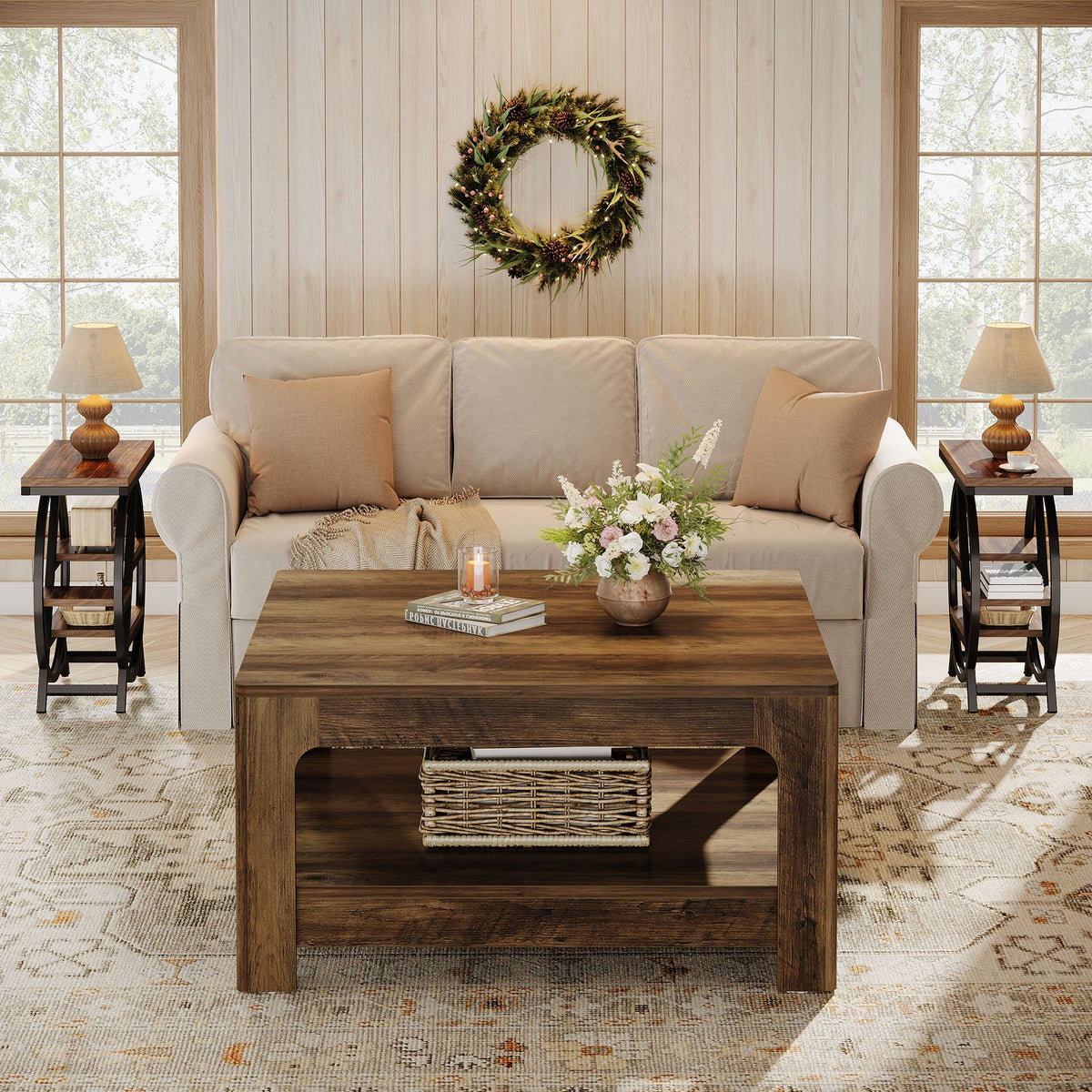 39.4-Inch Square Coffee Table, Large Farmhouse Center Table with Storage Shelf for Living Room
