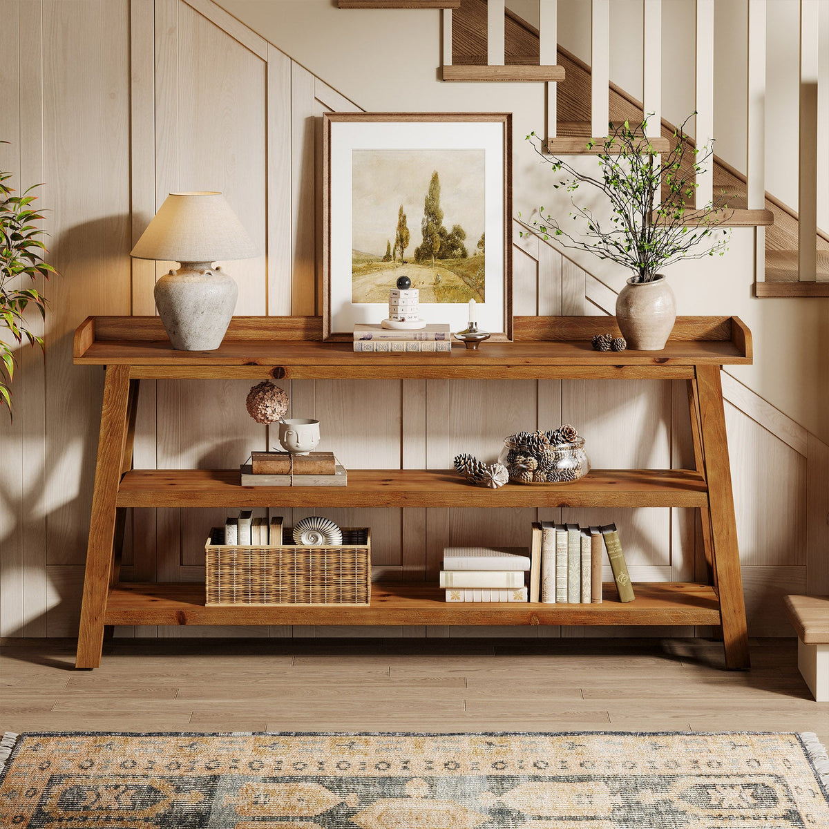 63-Inch Solid Wood Console Table with X-Frame, 3-Tier Hallway Table for Living Room