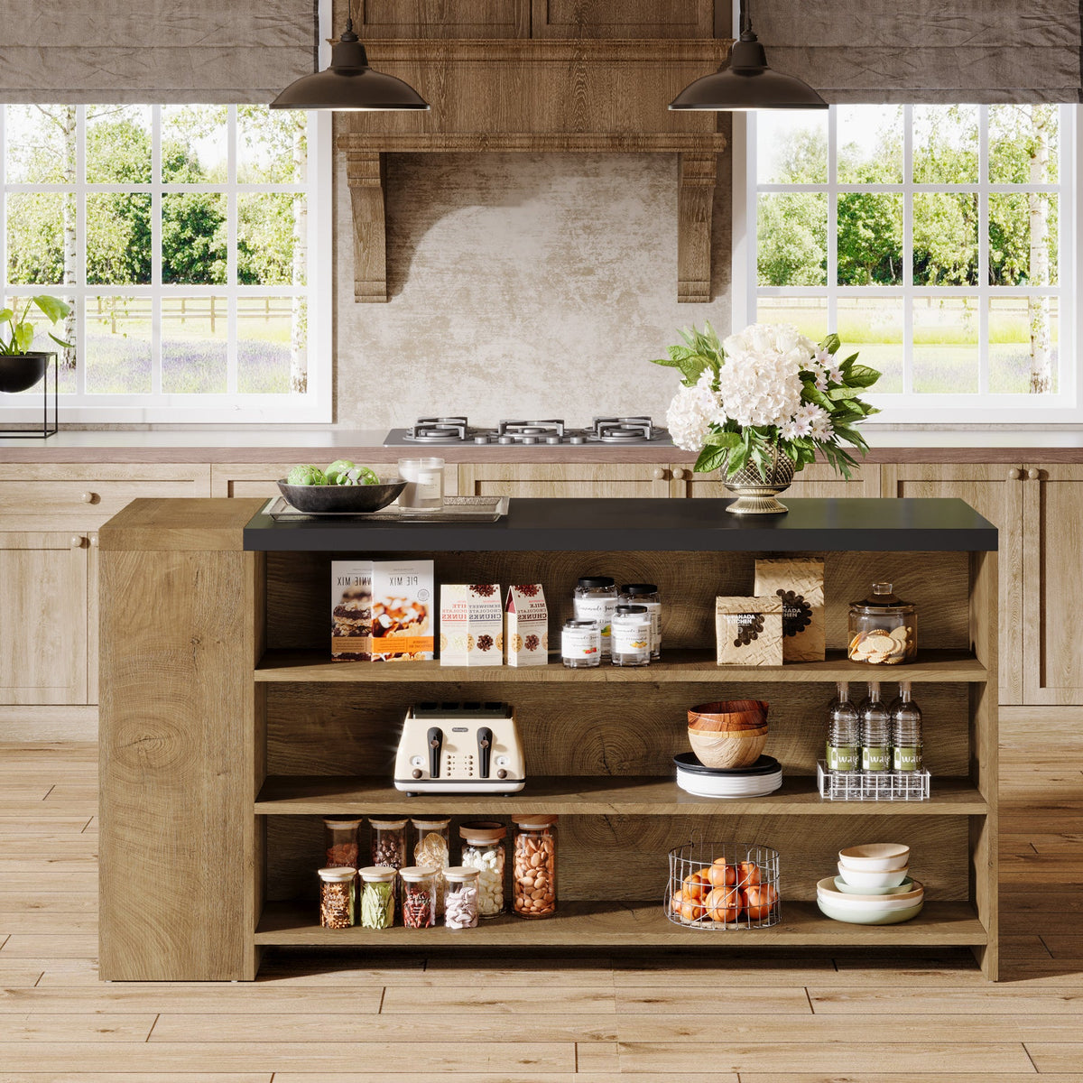 55.12-Inch Kitchen Island with 5-Tier Storage Shelves and Large Countertop, Farmhouse Coffee Bar Table for Kitchen