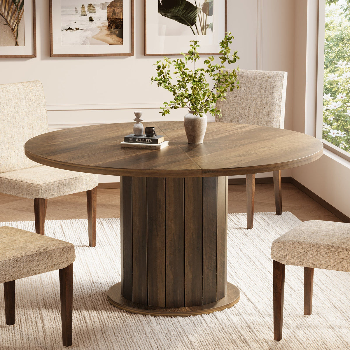 47.24-Inch Round Dining Table with Pedestal Base, Farmhouse Kitchen Table for 4 to 6 People