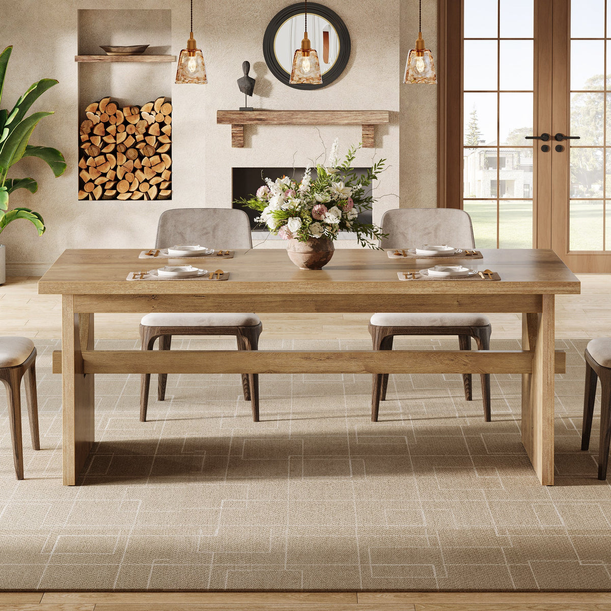 63-Inch Farmhouse Dining Table for 4 to 6 People with Heavy Duty Double Base
