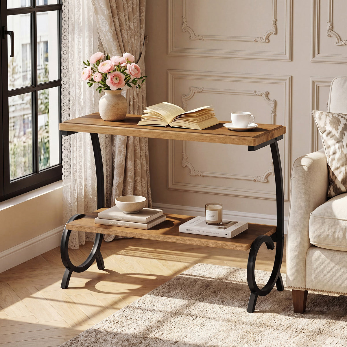 23.6-Inch Tall 2-Tier End Table, Narrow Couch Side Table with J-Shaped Metal Legs