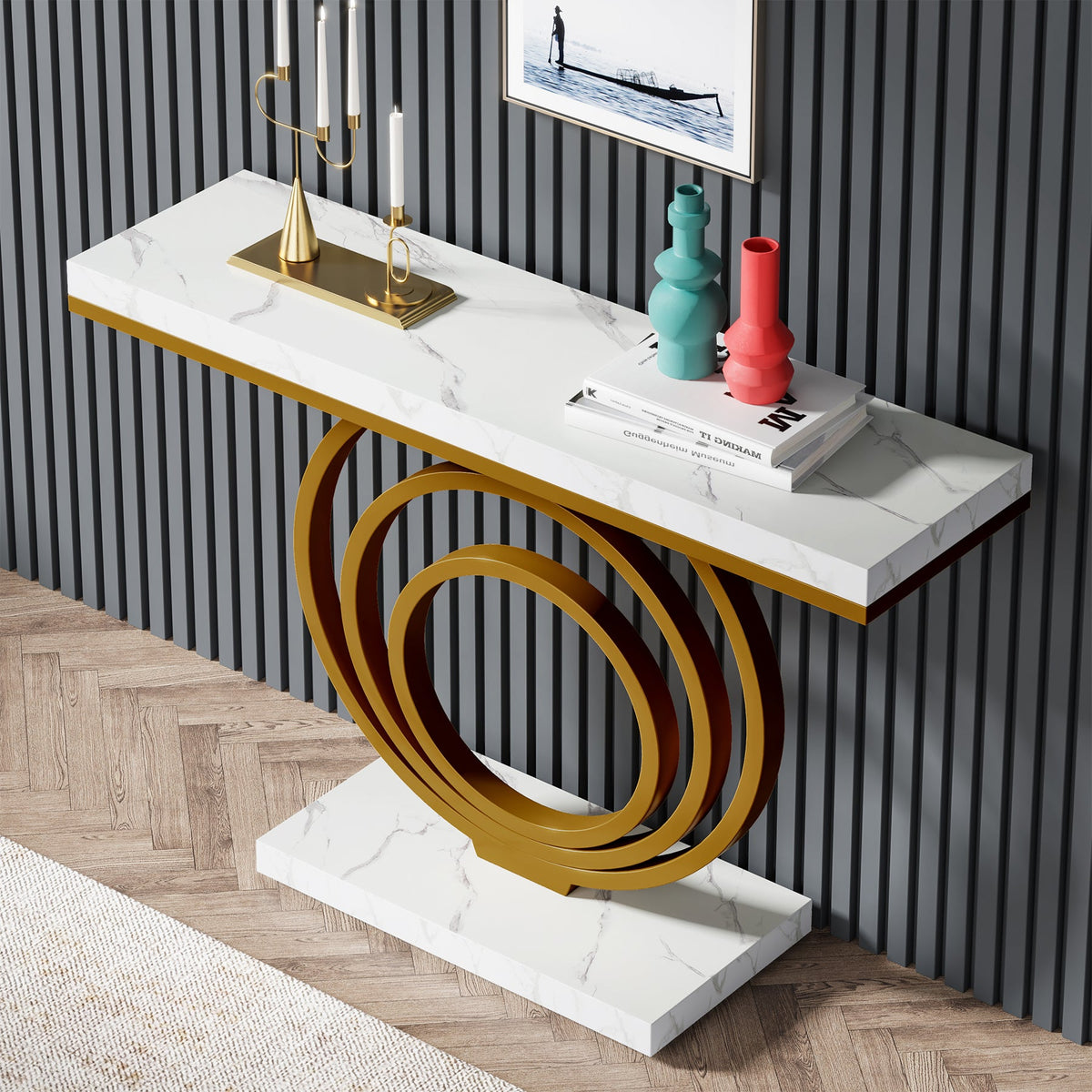41.3-Inch Gold Console Table, Narrow Entryway Table with Faux Marble Veneer Top and Geometric Metal Frame for Hallway
