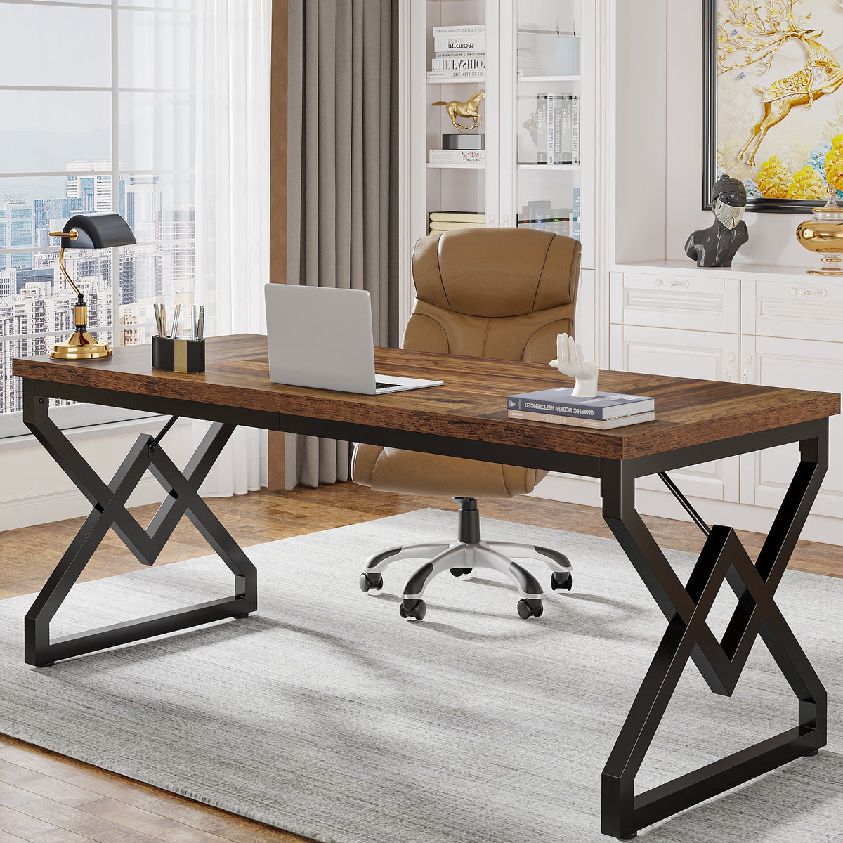 63-Inch Large Office Desk, Industrial Computer Executive Desk with Extra Thick Wood-Look Top and Metal Frame for Home Office
