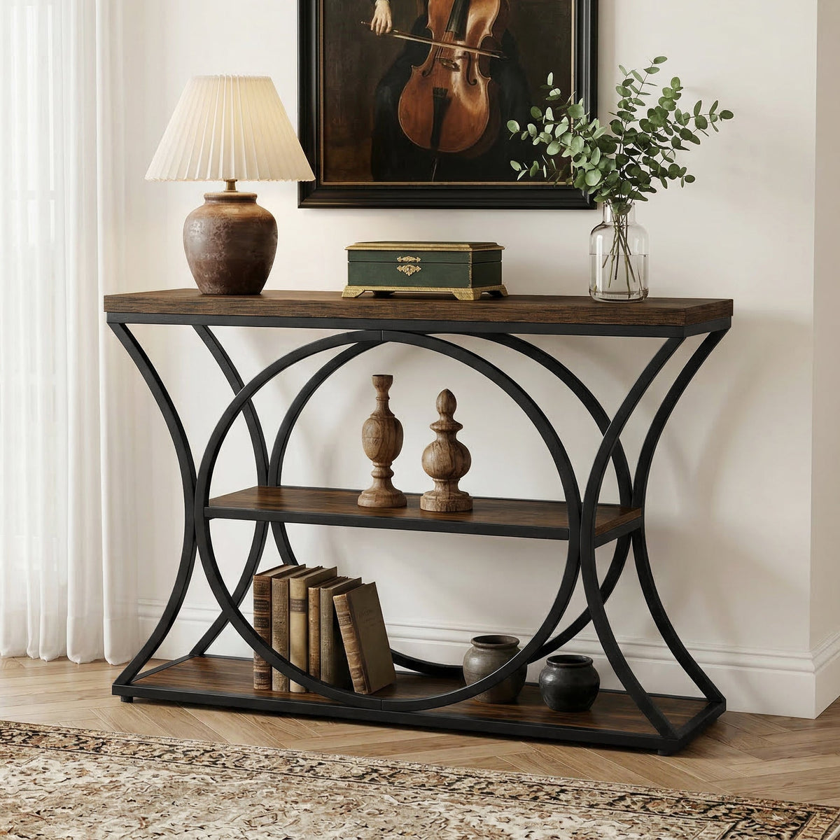 43.34" Industrial Console Table with 3-Tier Storage, Sofa Table for Living Room Hallway Behind Couch
