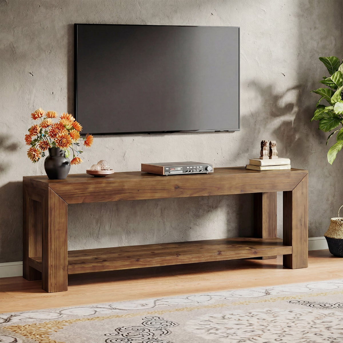 63-Inch Solid Wood TV Stand for TVs up to 75 Inches with 2-Tier Open Storage Shelves