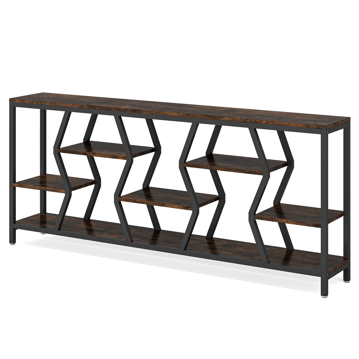 70.9-Inch Extra Long Sofa Console Table with 4-Tier Wood Storage Shelves, Industrial Narrow Entryway Table for Hallway