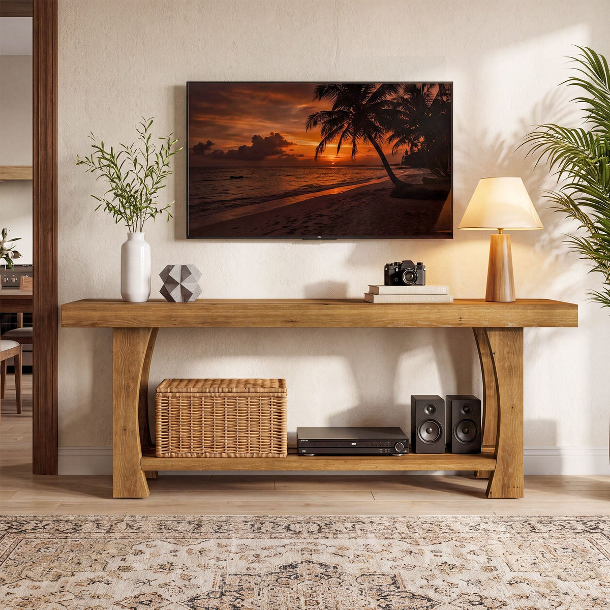 Solid Wood TV Stand for TVs up to 70 Inch, Farmhouse Media Console with Slatted Shelf