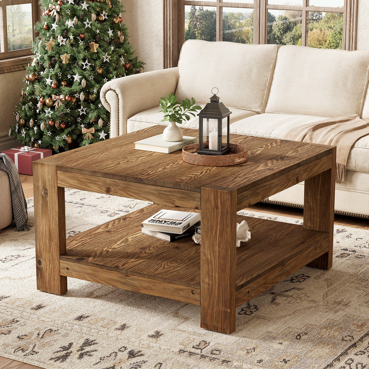 31.5-Inch Square Farmhouse Coffee Table with Storage Shelf, Solid Wood Center Table for Living Room