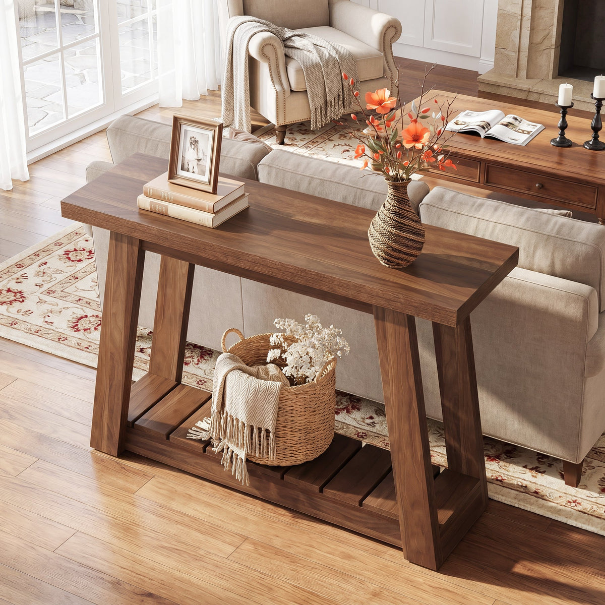 41.3-Inch 2-Tier Wood Console Table, Narrow Entryway Storage Sofa Table with Open Shelves for Living Room and Hallway