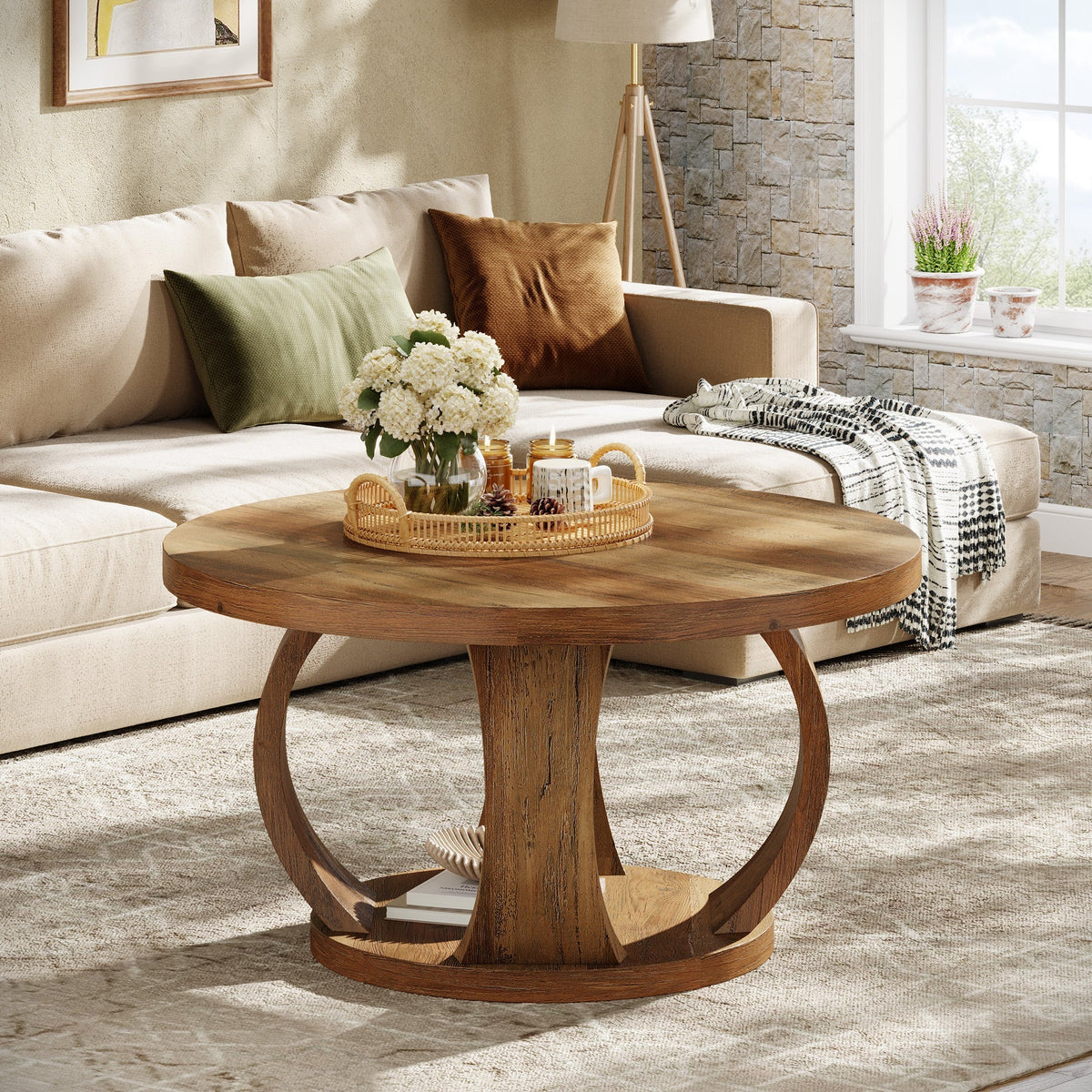 31.5" Wooden Circle Coffee Table, 2-Tier Storage for Small Spaces