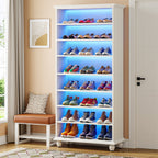 69-Inch Tall Shoe Storage Cabinet with LED Lighting and Solid Wood Legs, 28-Inch Wide 30-Pair Shoe Rack Organizer