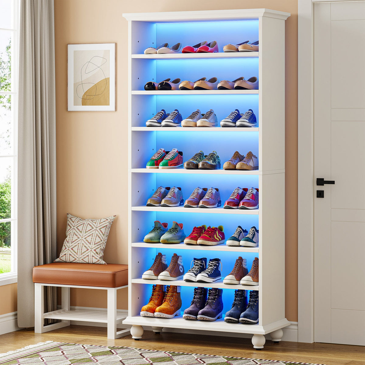 69-Inch Tall Shoe Storage Cabinet with LED Lighting and Solid Wood Legs, 28-Inch Wide 30-Pair Shoe Rack Organizer