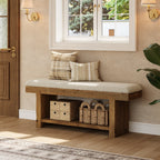 47.2-Inch Farmhouse Entryway Bench with Storage Shelf, Solid Wood Upholstered Shoe Bench for Mudroom