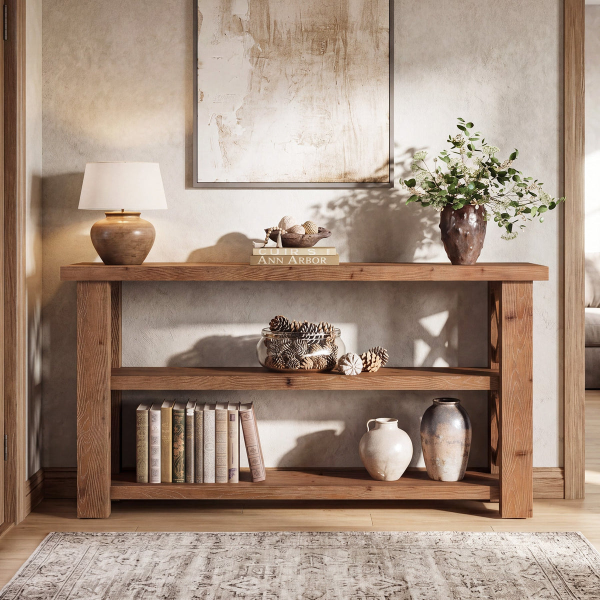 63 Inch Solid Wood Console Table with X-Frame, 3-Tier Hallway Table for Living Room