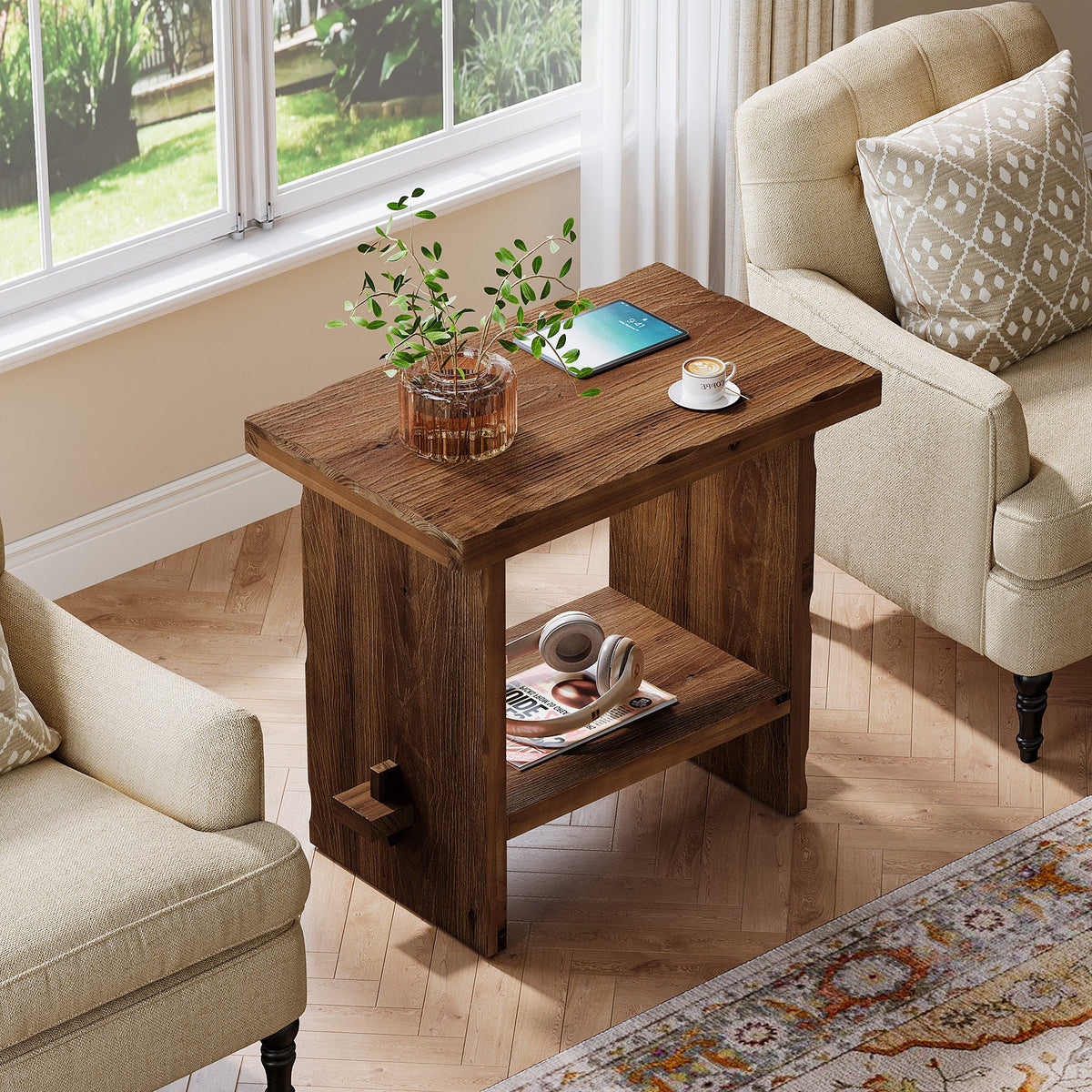 23.62 Inch Solid Wood Side Table with 2-Tier Storage, Farmhouse End Table for Bedroom