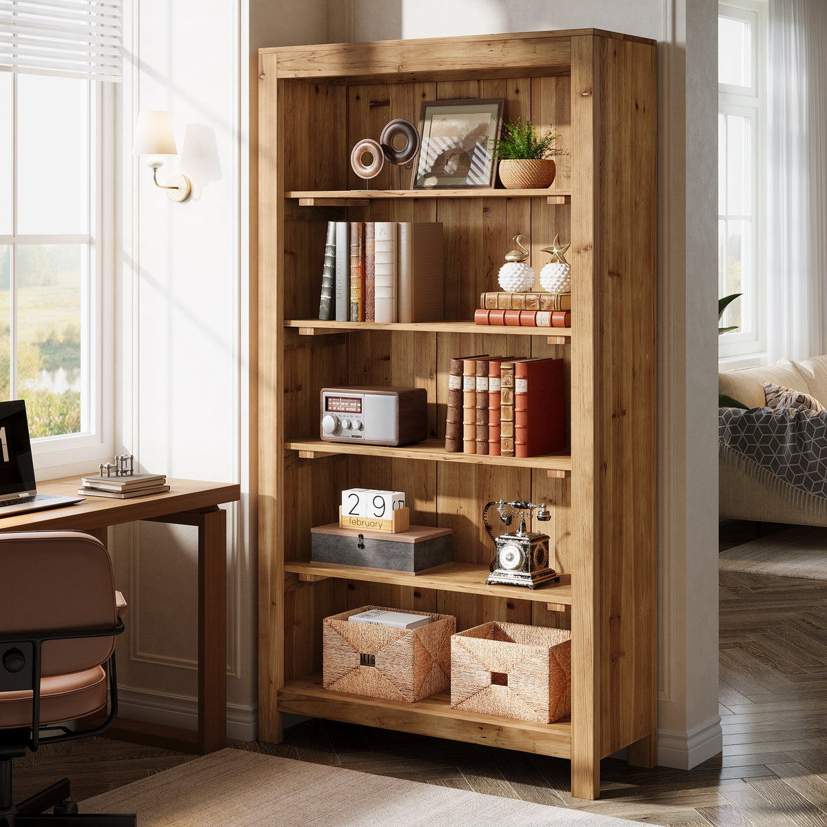 5-Tier Farmhouse Bookcase with Slatted Back Panel, Solid Wood Bookshelf for Home Office and Library