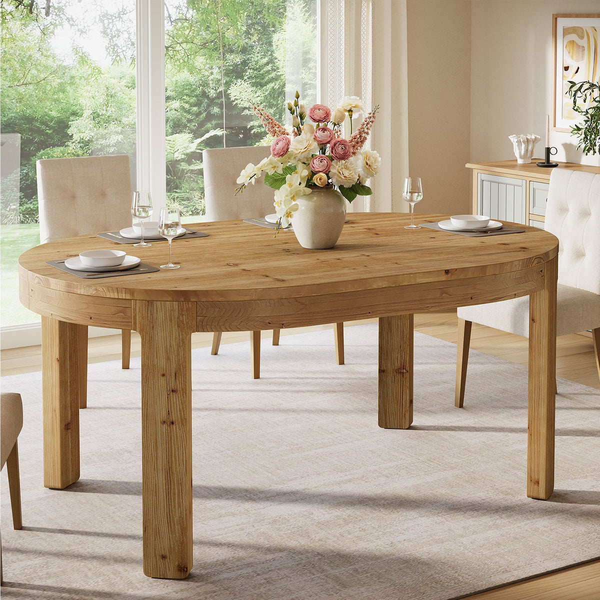 55-Inch Farmhouse Oval Dining Table, Solid Wood Kitchen Table for 4 in Small Spaces