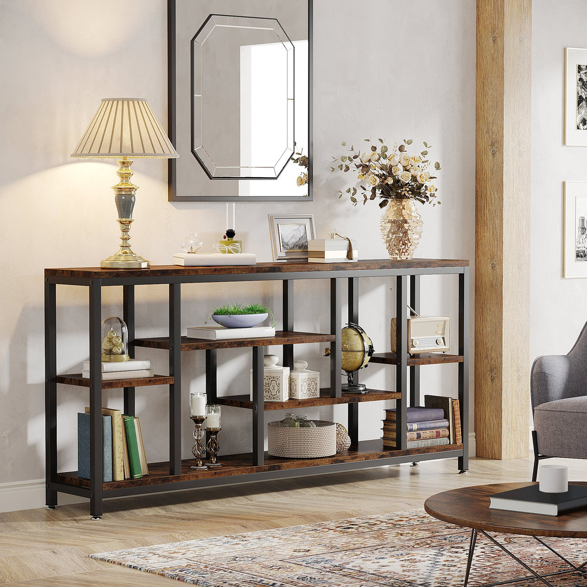70.9-Inch Extra Long Console Table with 3-Tier Storage Shelves, Industrial Narrow Sofa Table for Entryway
