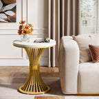 20" Round End Table with Faux Marble Top, White Side Table with Gold Metal Base