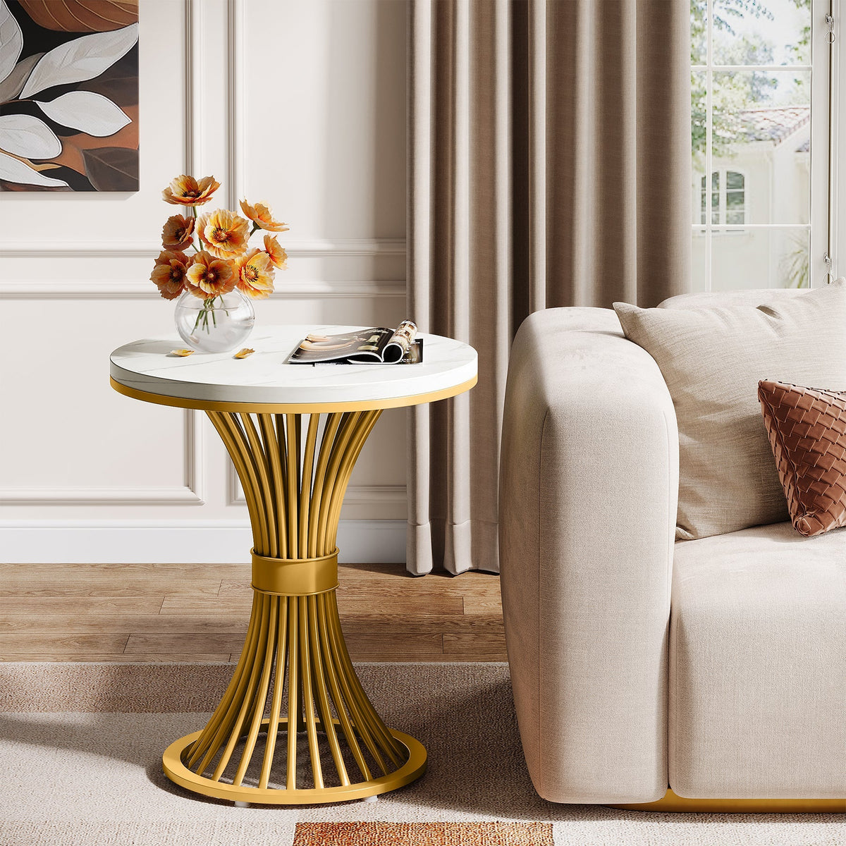 20" Round End Table with Faux Marble Top, White Side Table with Gold Metal Base