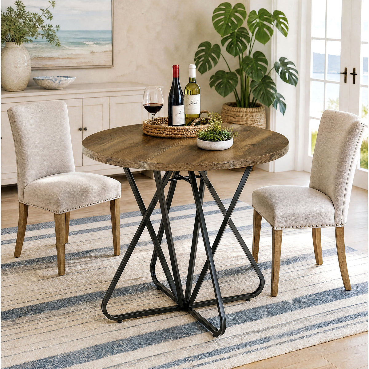 31.5-Inch Round Dining Table with Geometric Metal Base, Small Kitchen Table for 2-3 People