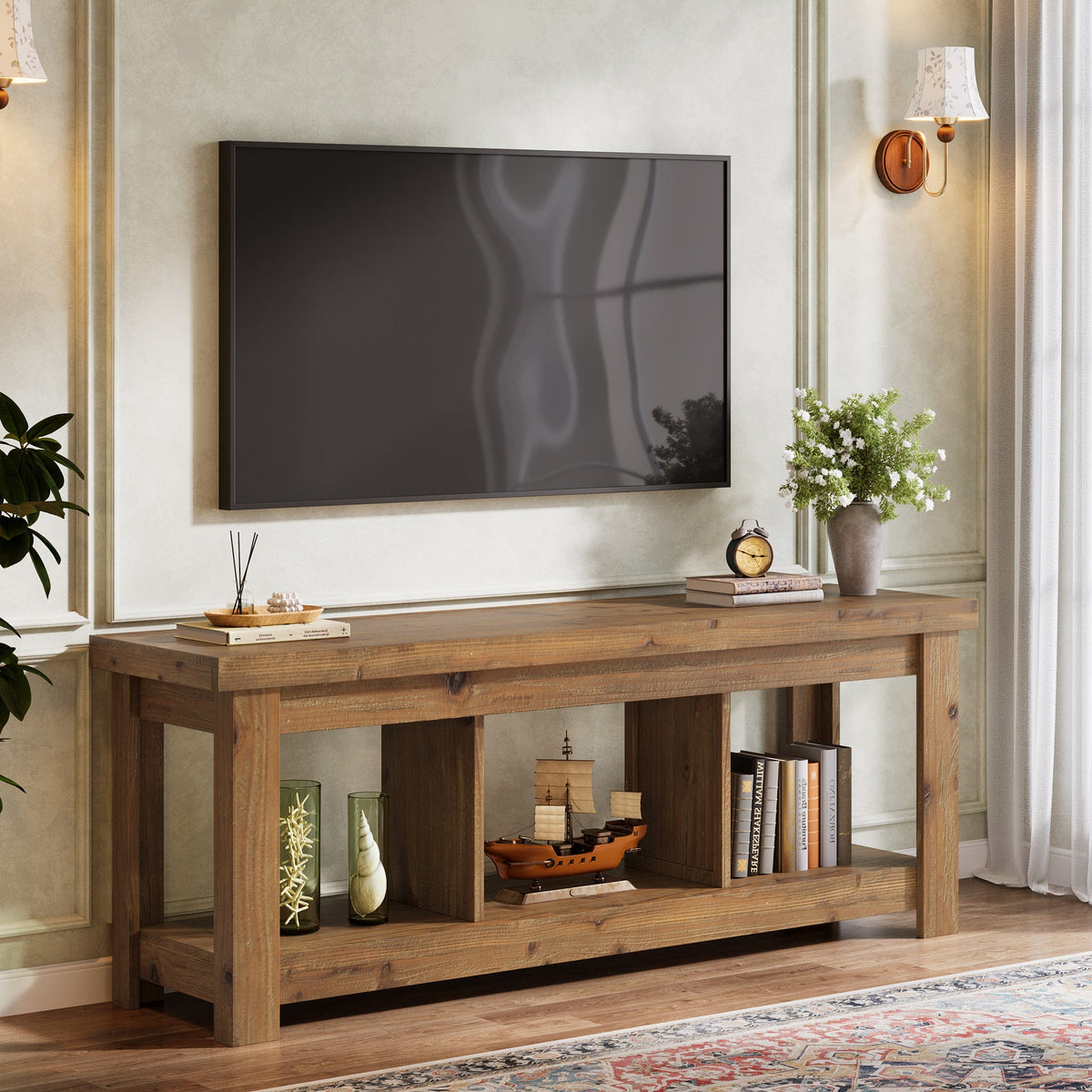 63-Inch Solid Wood TV Stand with 3 Open Storage Shelves, Farmhouse Entertainment Center for TVs up to 75 Inches