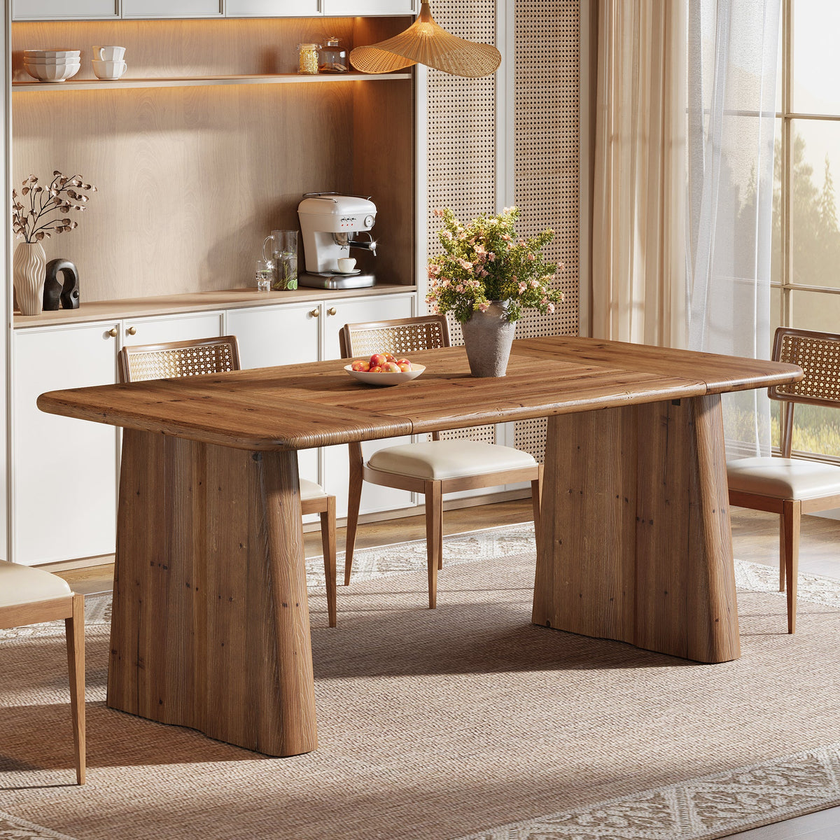 63-Inch Solid Wood Dining Table with Double Pedestal Base, Rustic Table for Dining Room