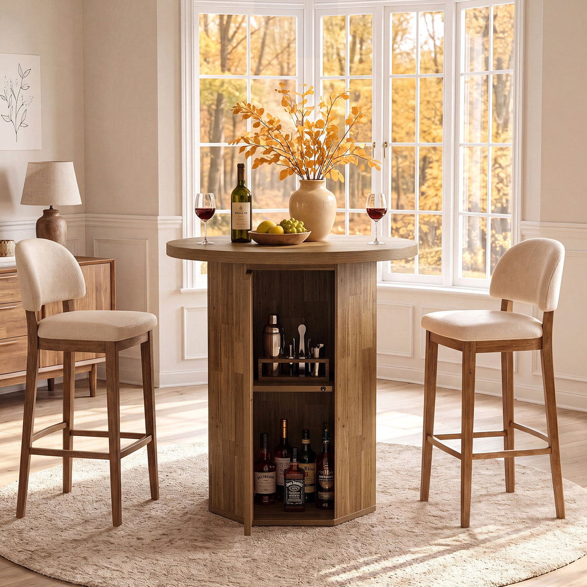 31.5-Inch Round Bar Table, Wood Pub Table with 2-Tier Hidden Storage for Home Bar