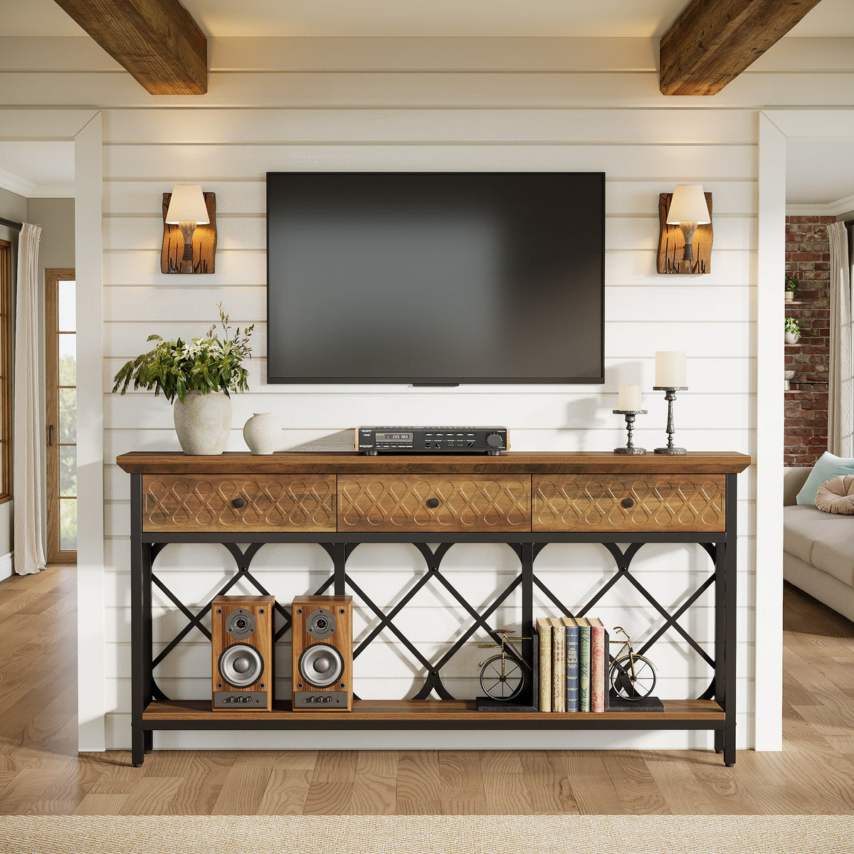 70.86-Inch Extra Long Console Table with 3 Drawers and Storage Shelf, Industrial Narrow Sofa Table for Living Room Entryway and Hallway