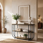 63-Inch 3-Tier Narrow Console Table with Curved Metal Frame, Modern Vintage Entryway Sofa Table for Living Room