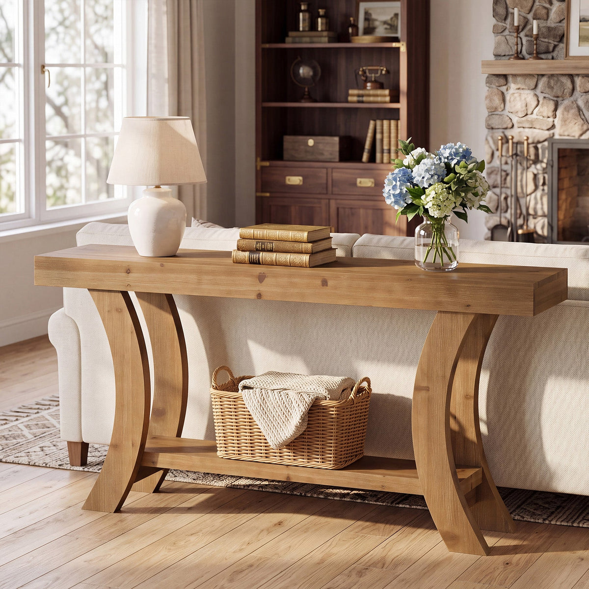 63 Inch Solid Wood Console Table with Shelf, Arched Farmhouse Entryway and Sofa Table