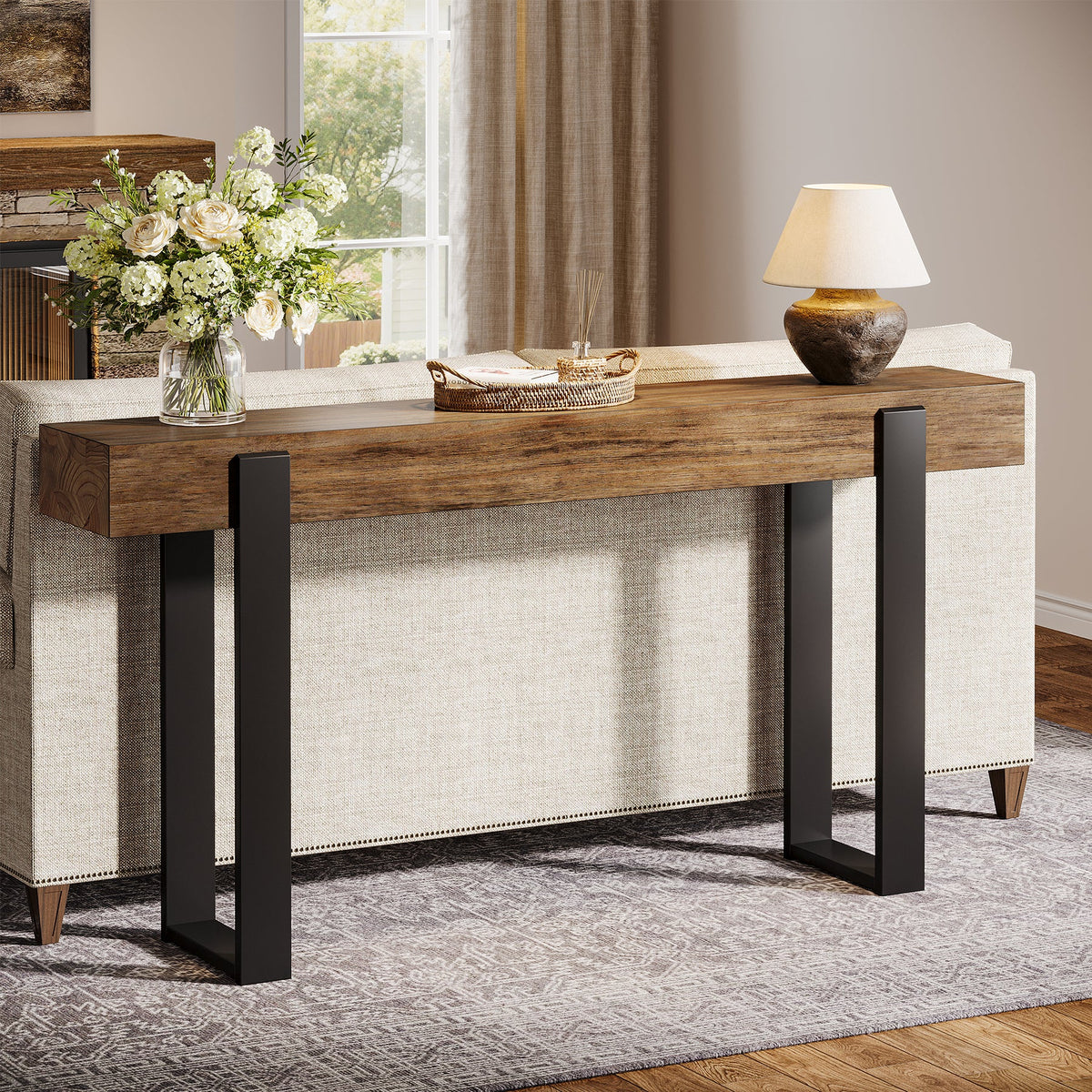 63-Inch Solid Wood Sofa Table with Metal Support, Narrow Console Table for Behind Couch