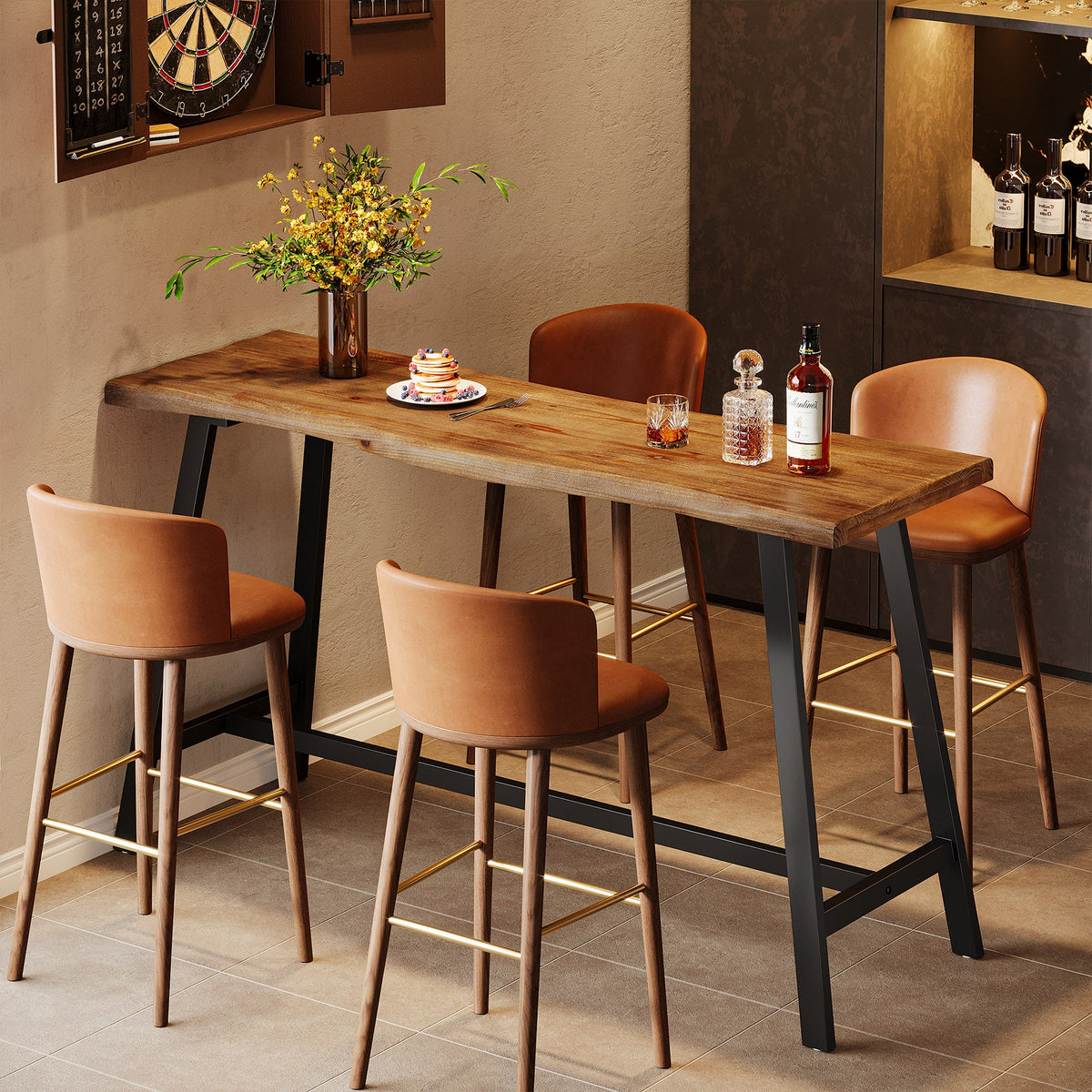 55 Inch Solid Wood Bar Table with Metal Frame and Footrest, Industrial Counter Height Pub Table for Kitchen