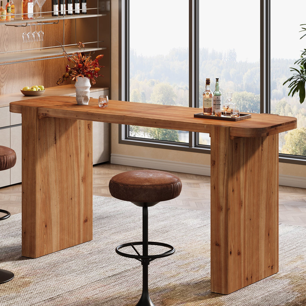 63-Inch Solid Wood Bar Table, Counter Height Pub Table for Kitchen and Dining Room