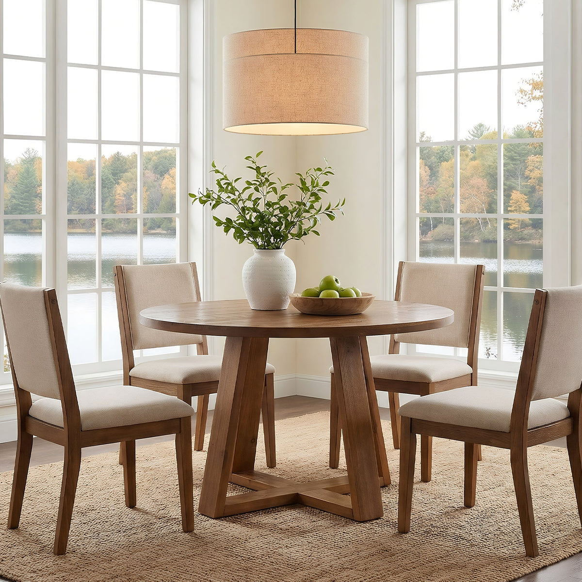 47.2 Inch Solid Wood Round Dining Table for 4, Farmhouse Kitchen Table with Trestle Base
