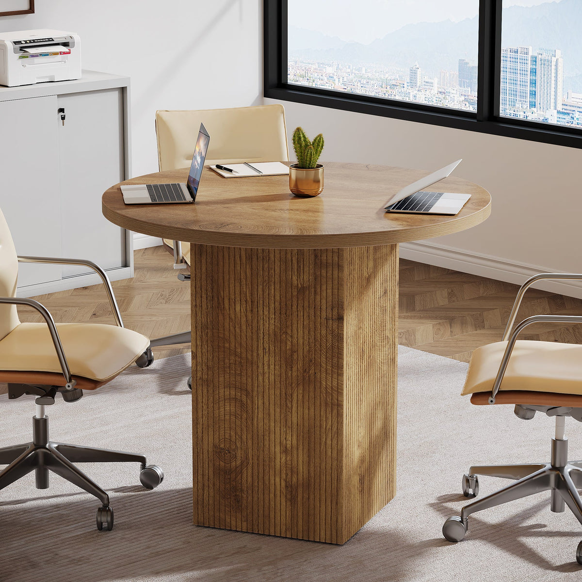31.5-Inch Round Conference Table with Fluted Pedestal Base, Small Office Meeting Table for Conference Room Study and Home Office