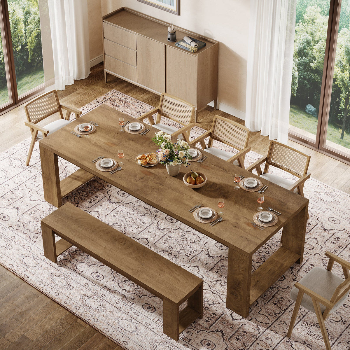 86.6-Inch Dining Table for 6 with Reinforced Base, Long Farmhouse Table for Kitchen