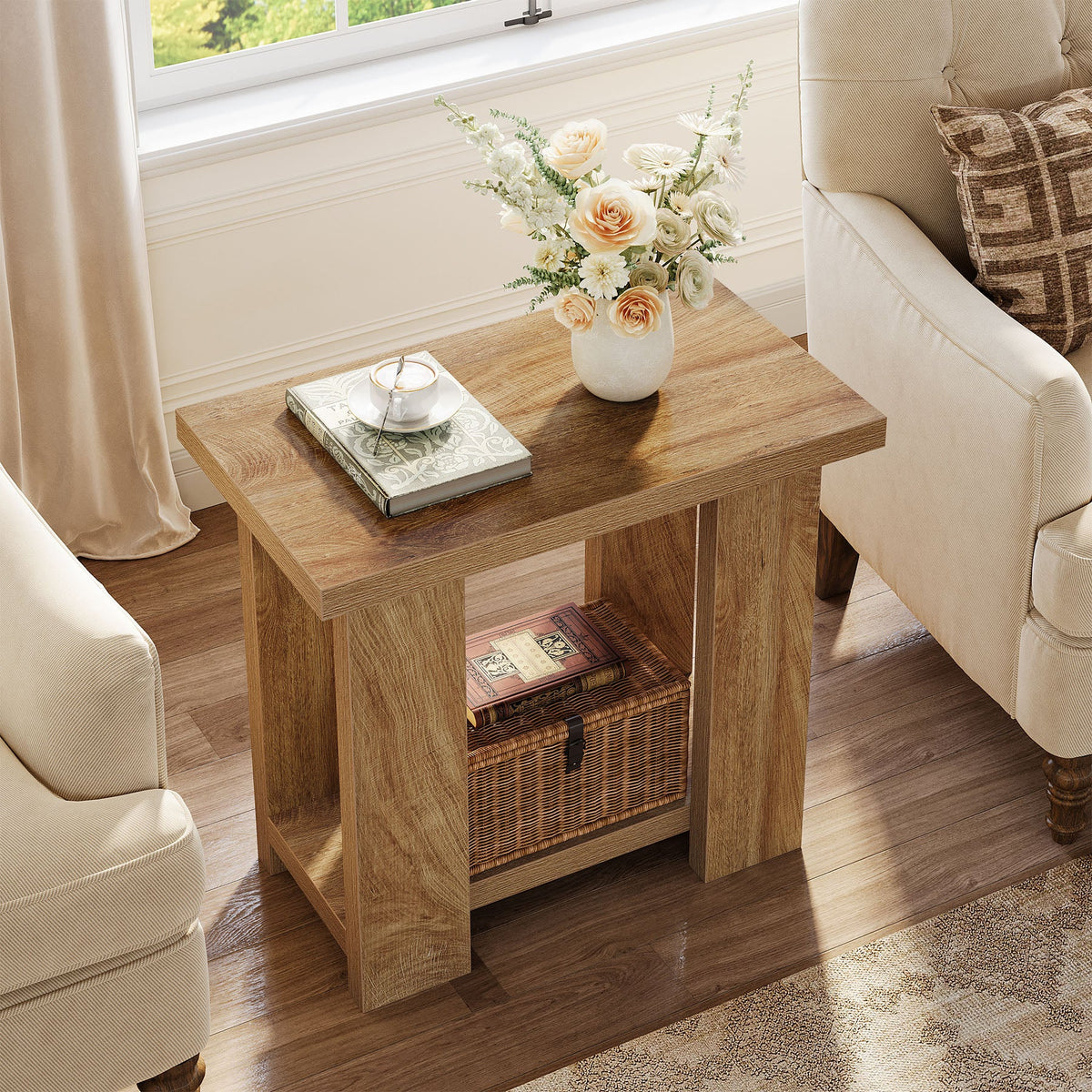 27.6-Inch Wooden Side Table with 2-Tier Shelf, Farmhouse End Table for Small Spaces