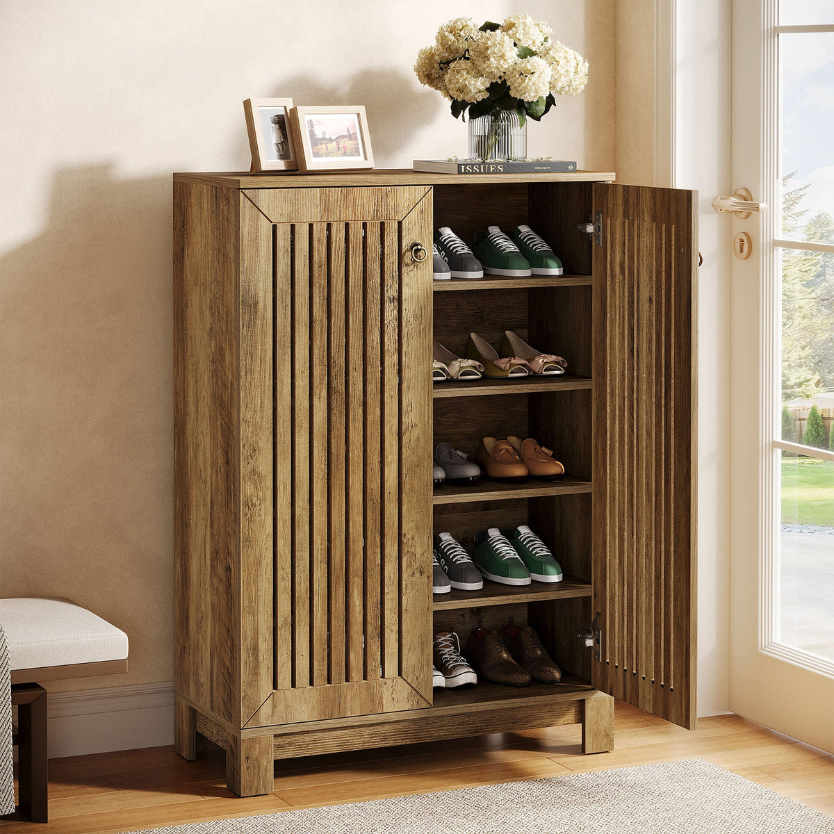 43.3-Inch Shoe Cabinet with 5-Tier Storage, Wooden Entryway Organizer for Up to 24 Pairs