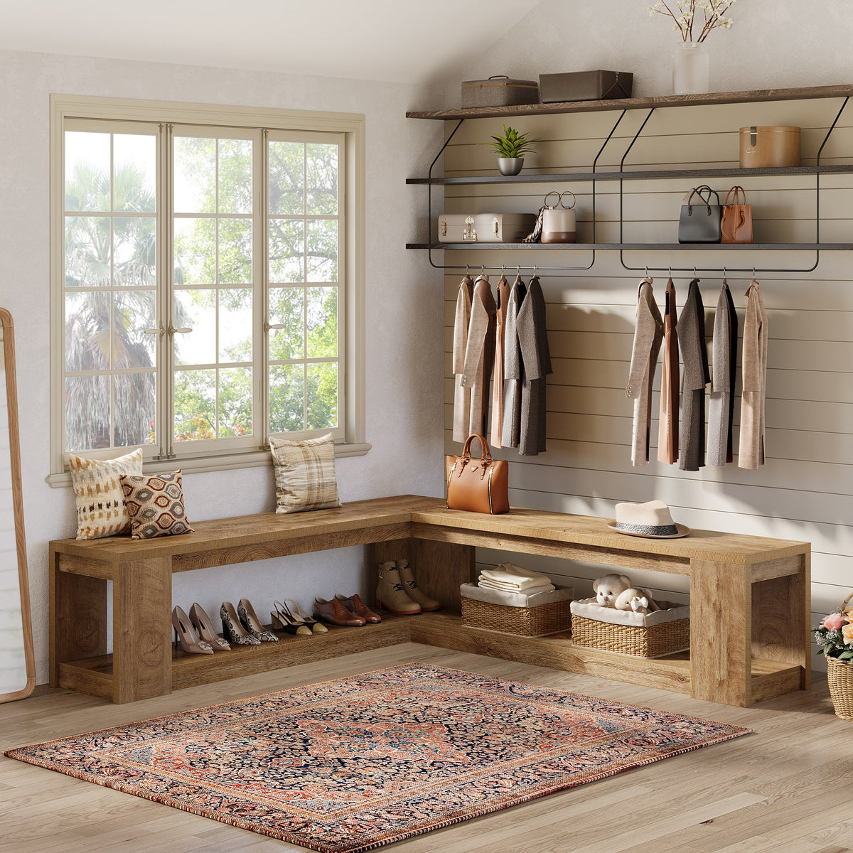 61-Inch L-Shaped Shoe Bench with Storage, Farmhouse Corner Entryway Bench for Dining Room Living Room and Cloakroom
