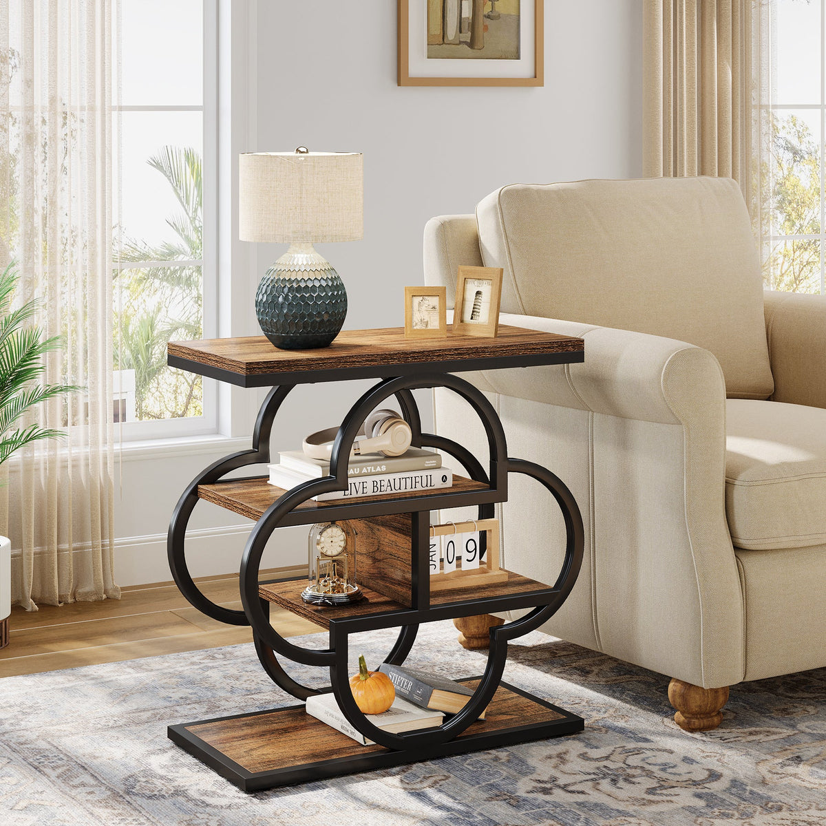 4-Tier Narrow Side Table with Curved Metal Frame and Storage Shelves