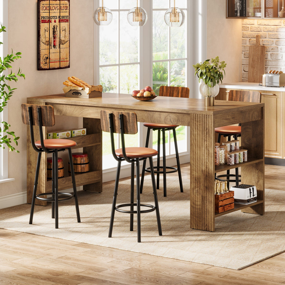 63 Inch Farmhouse Kitchen Island with Double-Sided Storage Shelves