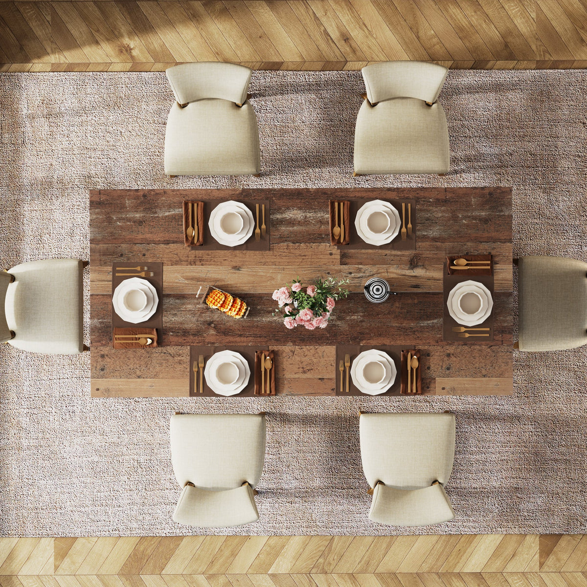 63 inch dining table with room for dinnerware, serving dishes and centrepieces#Colour_Distressed Brown