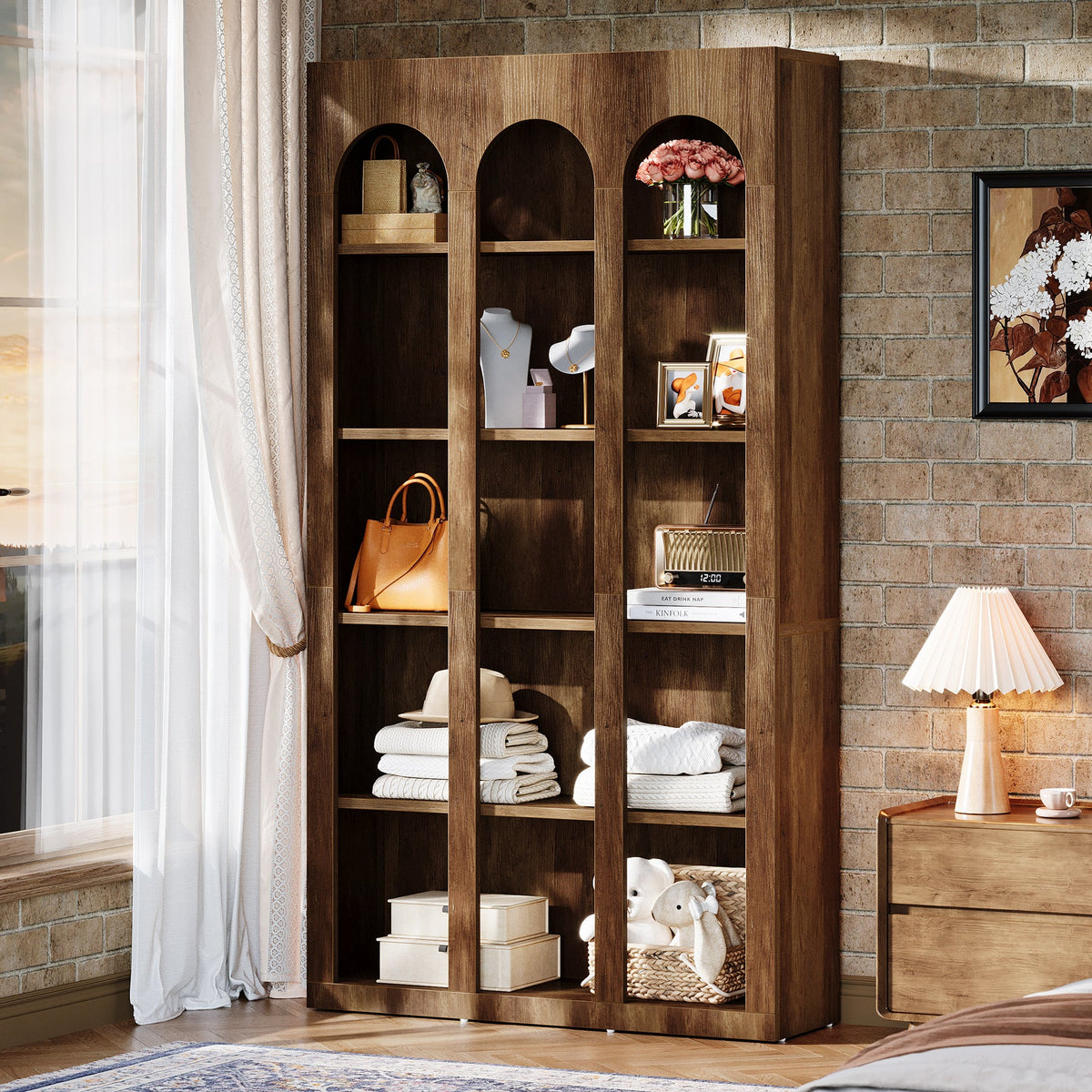 70.87-Inch 5-Tier Arched Bookcase, Mid Century Modern Tall Bookshelf with Open Shelves for Home Office