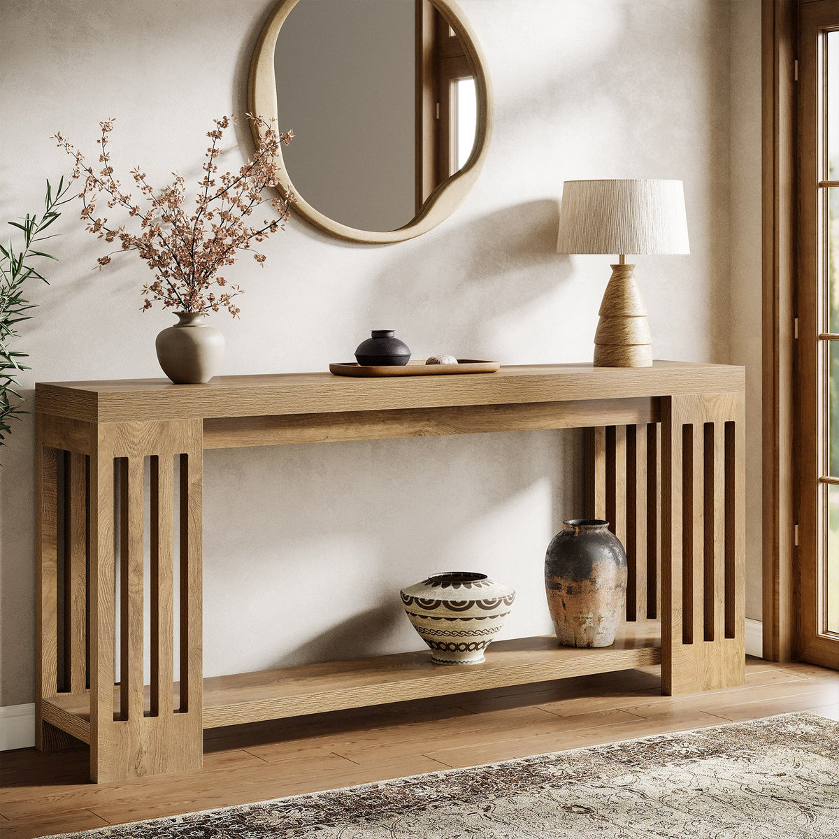 70.9-Inch Farmhouse Console Table with Vertical Stripe Legs, 2-Tier Sofa Table for Living Room